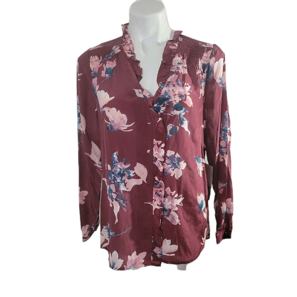 Daniel Rainn 100% Silk Burgundy Floral Ruffle Trim Rop Sz M NEW